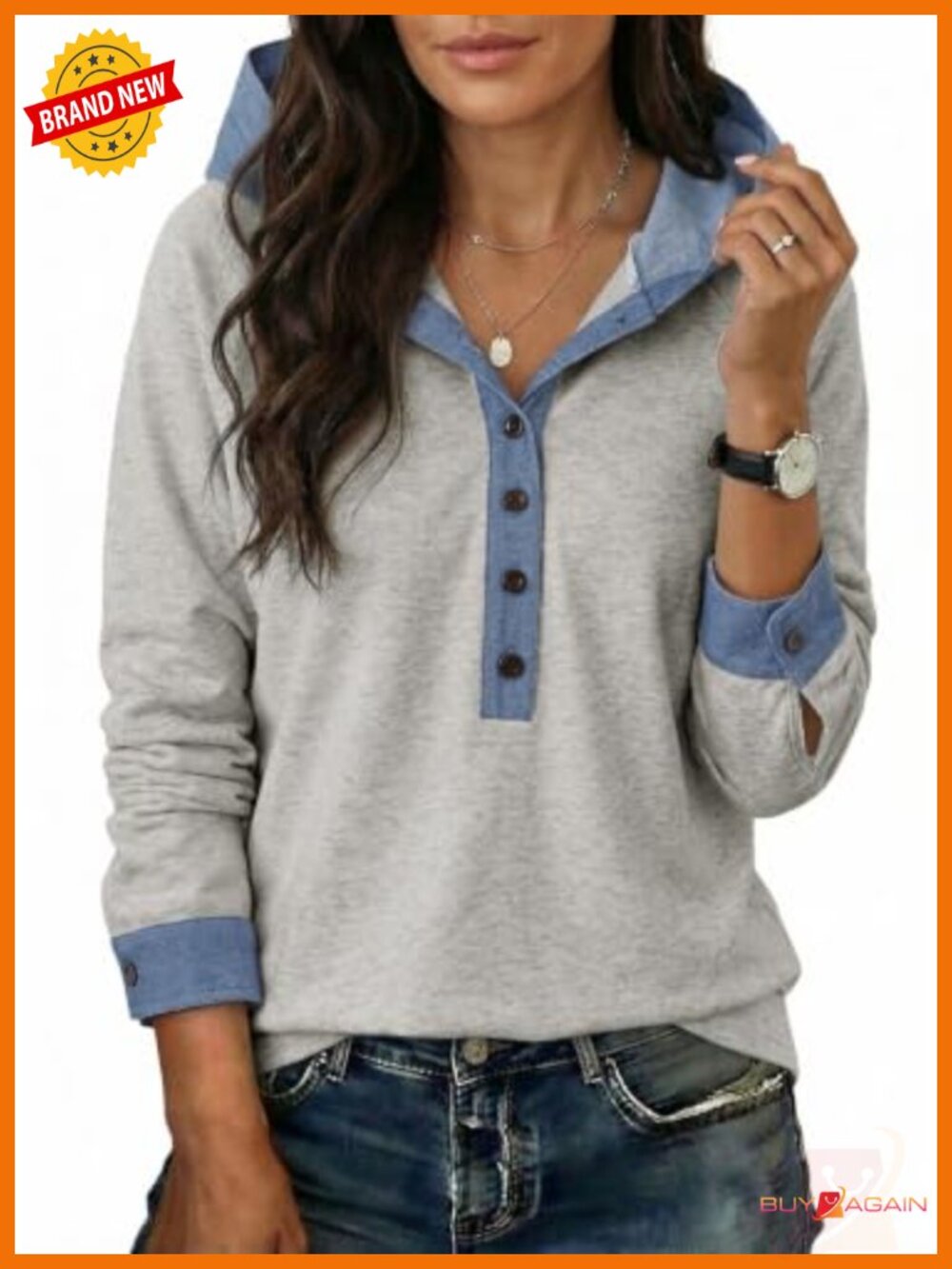 Dokotoo Women's Casual Hoodie Denim Colorblock Hooded Sweatshirt Pullover
